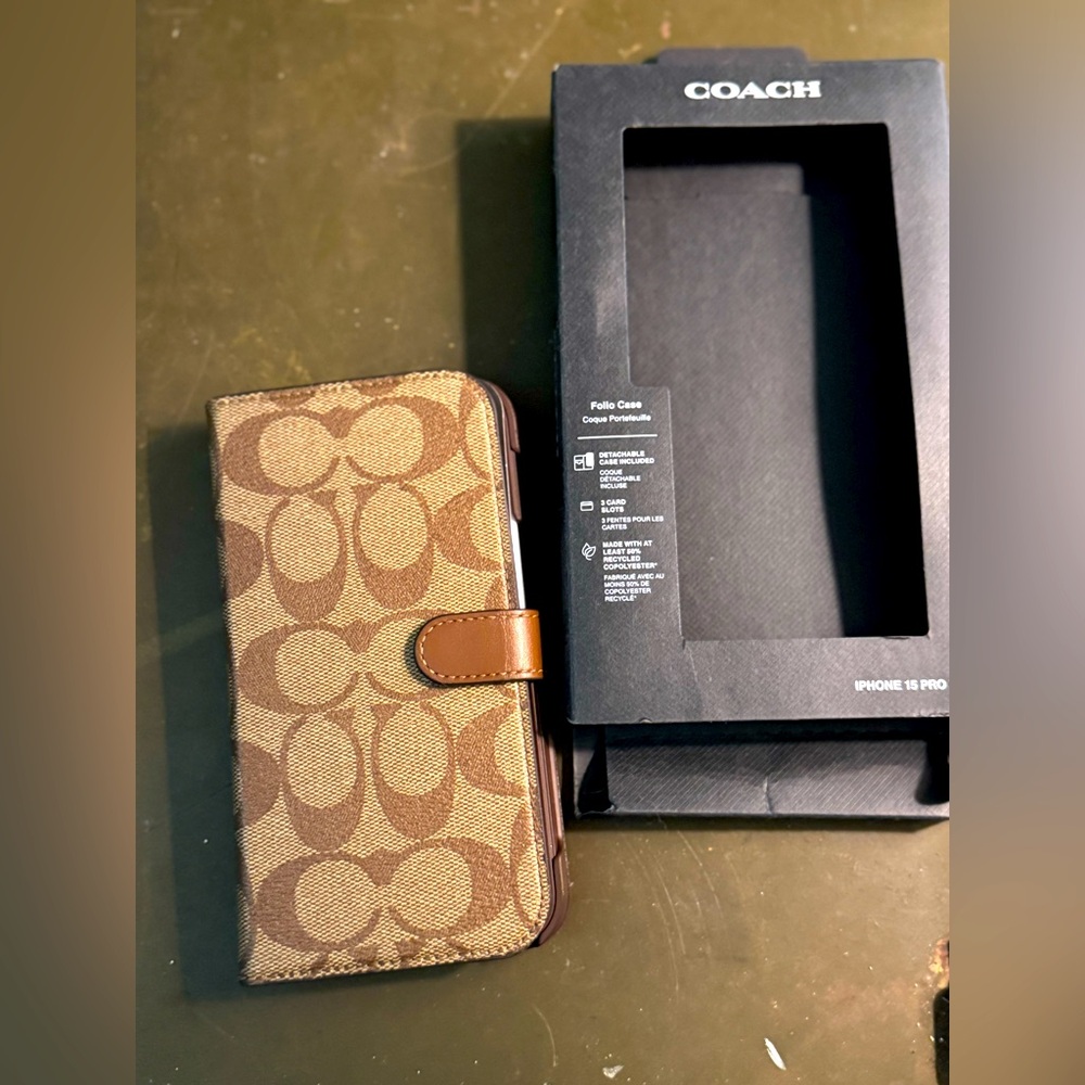Coach Signature Brown and Tan iPhone 15 Pro Max Folio Case